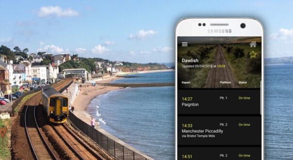 Devon app screenshot, against Dawlish seafront background
