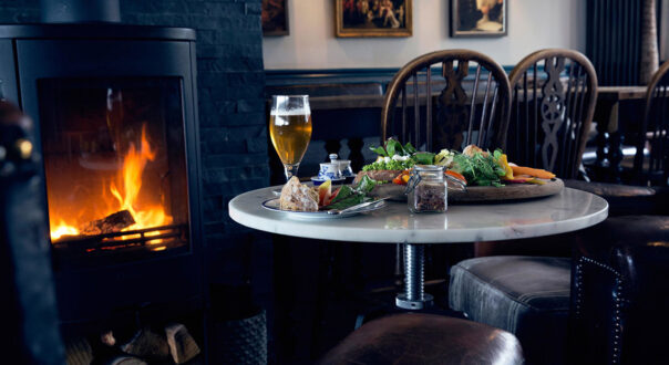 Meal by fireside at Star and Garter, Falmouth