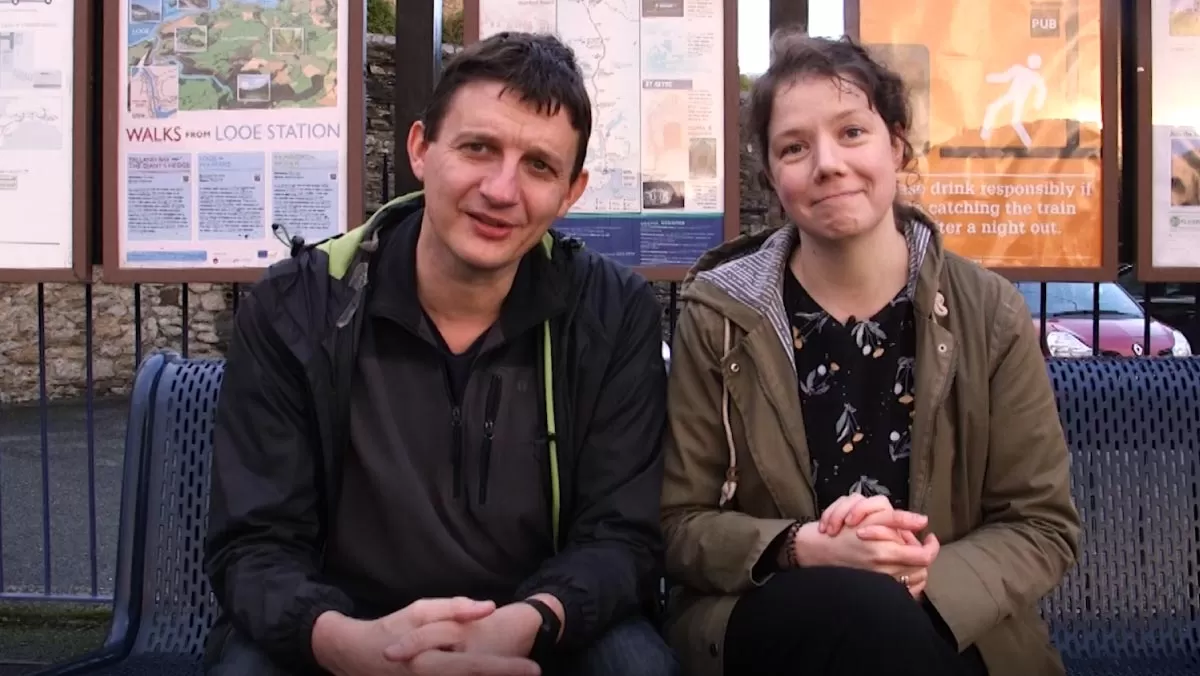 All The Stations - Geoff Marshall and Vicki Pipe at Looe station recording The Looe Valley Line Story mini-series