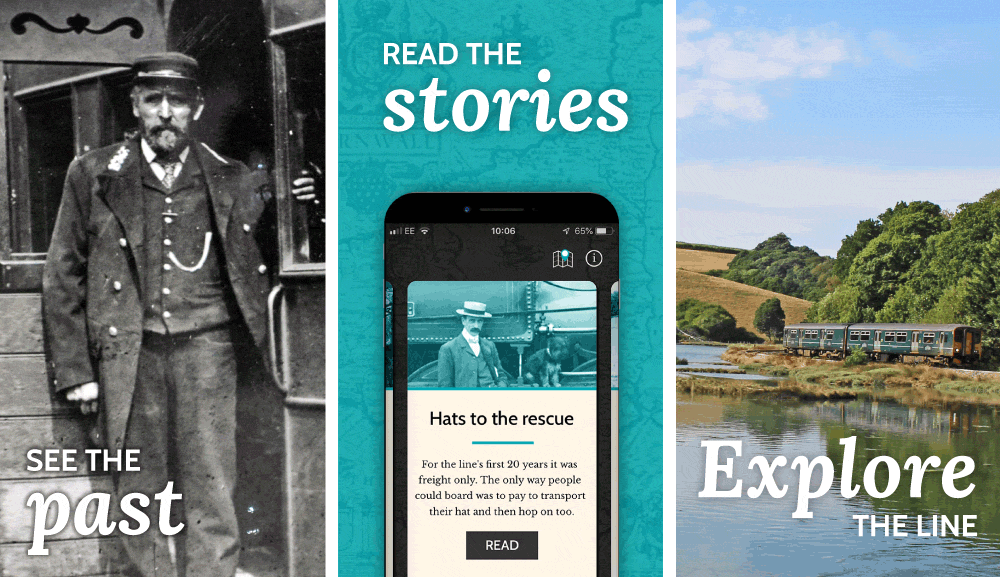 See the past, read the stories, explore the line - screenshots from the Looe Valley Line Heritage app