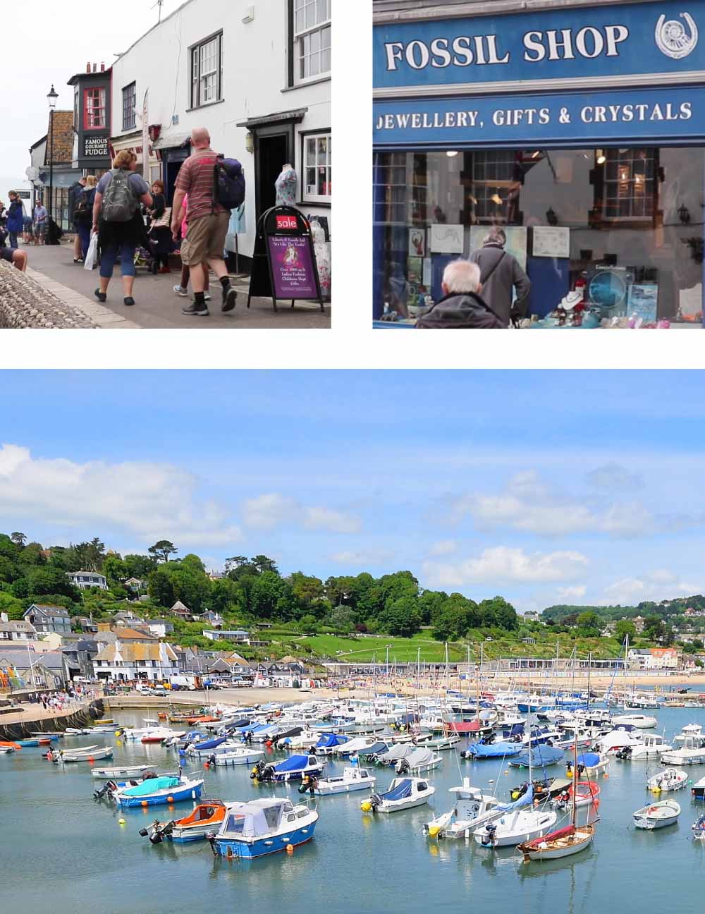 Lyme Regis collage showing busy street, fossil shop and harbour