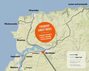 Map showing rail-bus connections from Barnstaple railway station