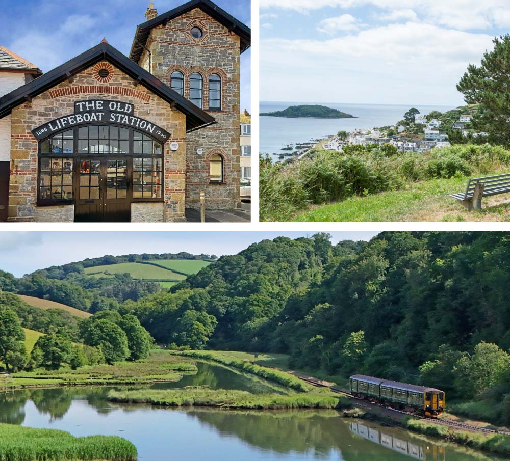 Collage showing Looe's restored Old Lifeboat Station and Watchtower, view from the Wooldown and train alongside the estuary