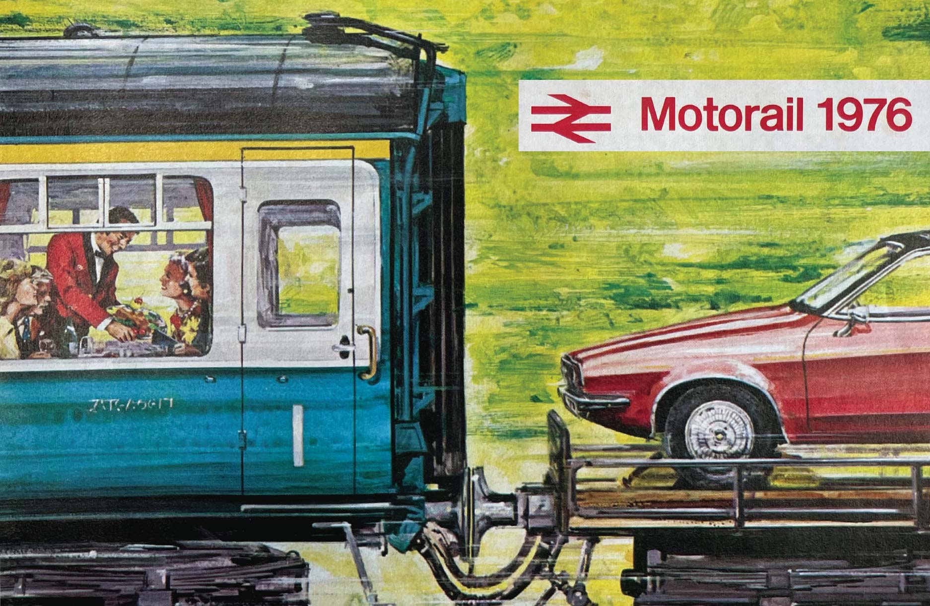 Illustration of a train carriage with passengers dining, with their car being transported on the train behind them. Part of the 1976 Motorail marketing materials.