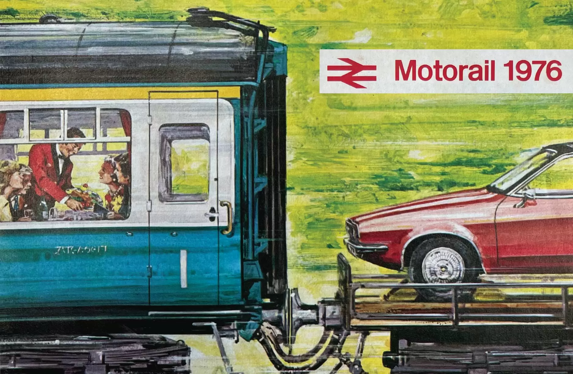 Illustration of a train carriage with passengers dining, with their car being transported on the train behind them. Part of the 1976 Motorail marketing materials.
