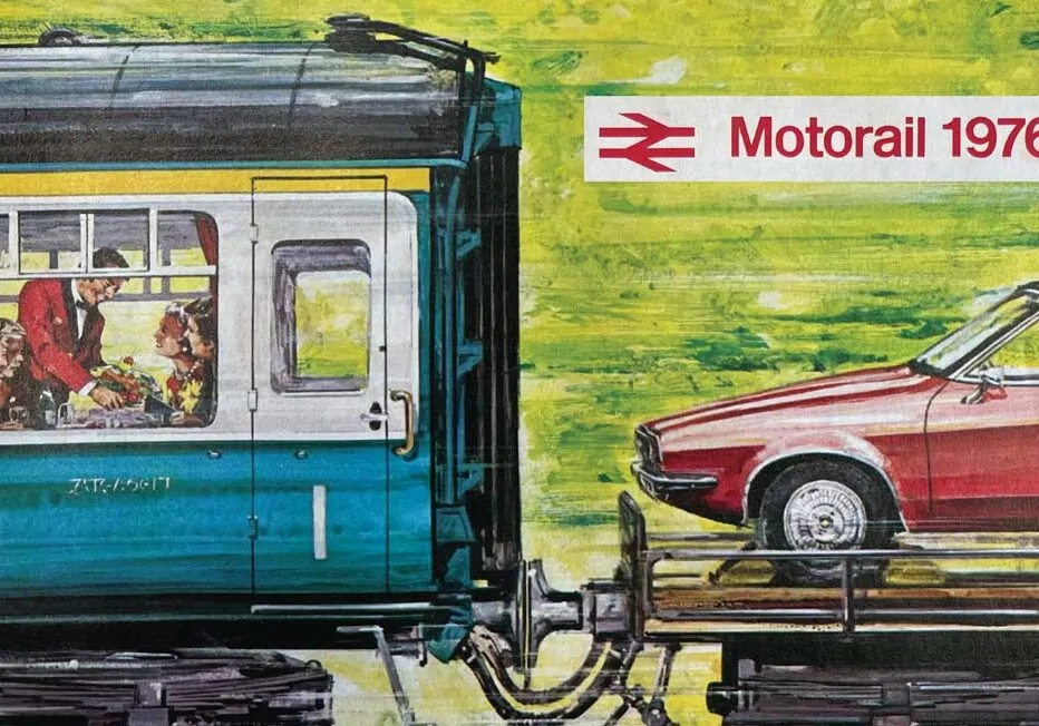 Illustration of a train carriage with passengers dining, with their car being transported on the train behind them. Part of the 1976 Motorail marketing materials.